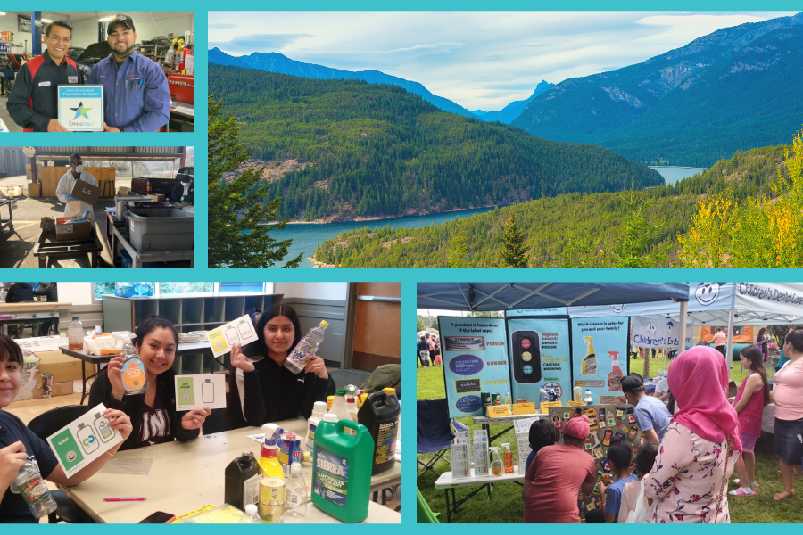 A photo collage of five images featuring hazardous waste community events and an image of a river surrounded by mountains in King County