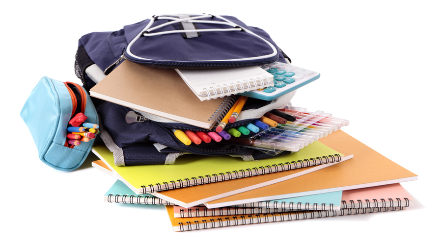A backpack with colorful notebooks, markers, and a pencil case