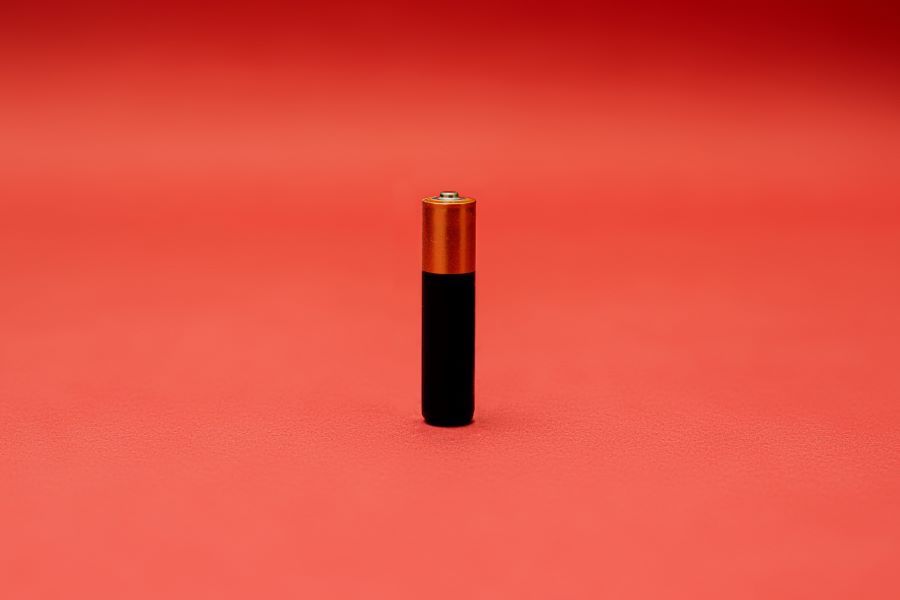 One unlabeled battery sits vertically in the center of a reddish-pink background