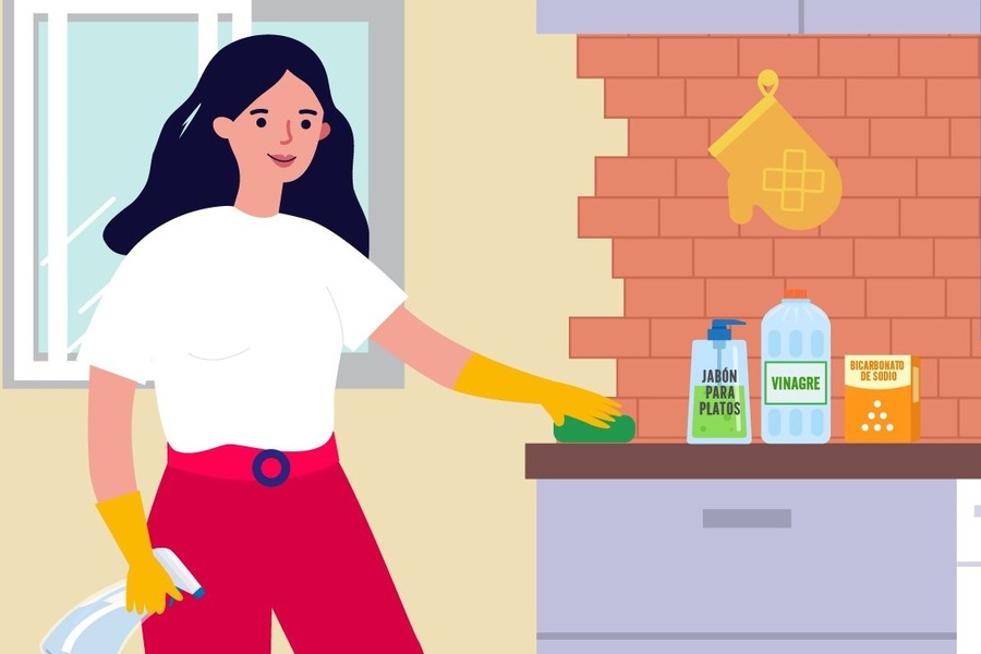 Illustration of a mother cleaning kitchen countertops using safer cleaning supplies