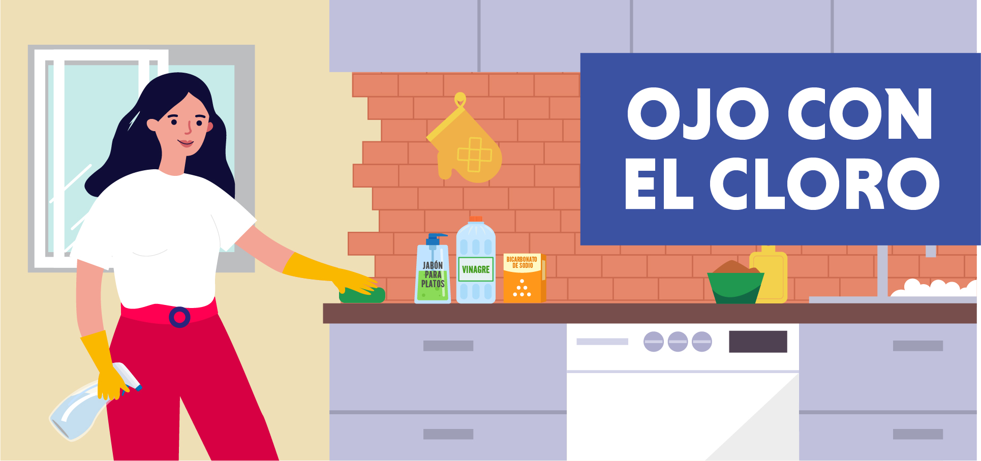 Illustration of a woman cleaning her kitchen counter using safe cleaning supplies