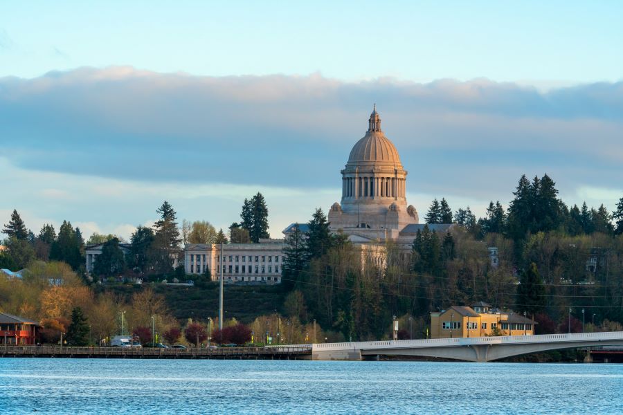 An image of the WA state legislative building in Olympia, WA across the water with clouds hanging above