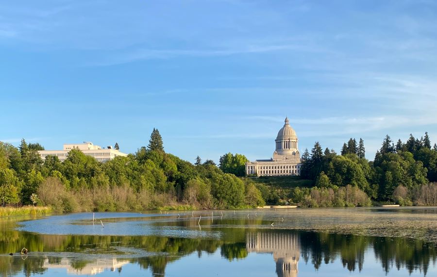 An image of 2 buildings, one is the Olympia, Washington state legislature building, with a pond reflecting the buildings in the foreground